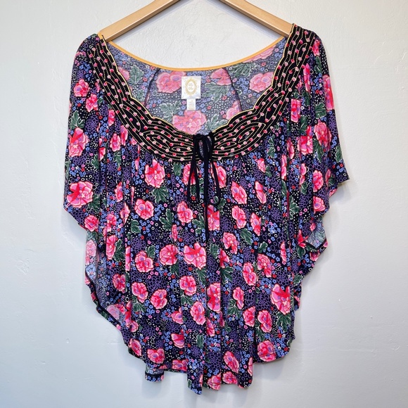 Ric Rac | Anthro Floral Print Dolman Flutter Sleeve Floaty Boho Batwing Blouse - Picture 3 of 15